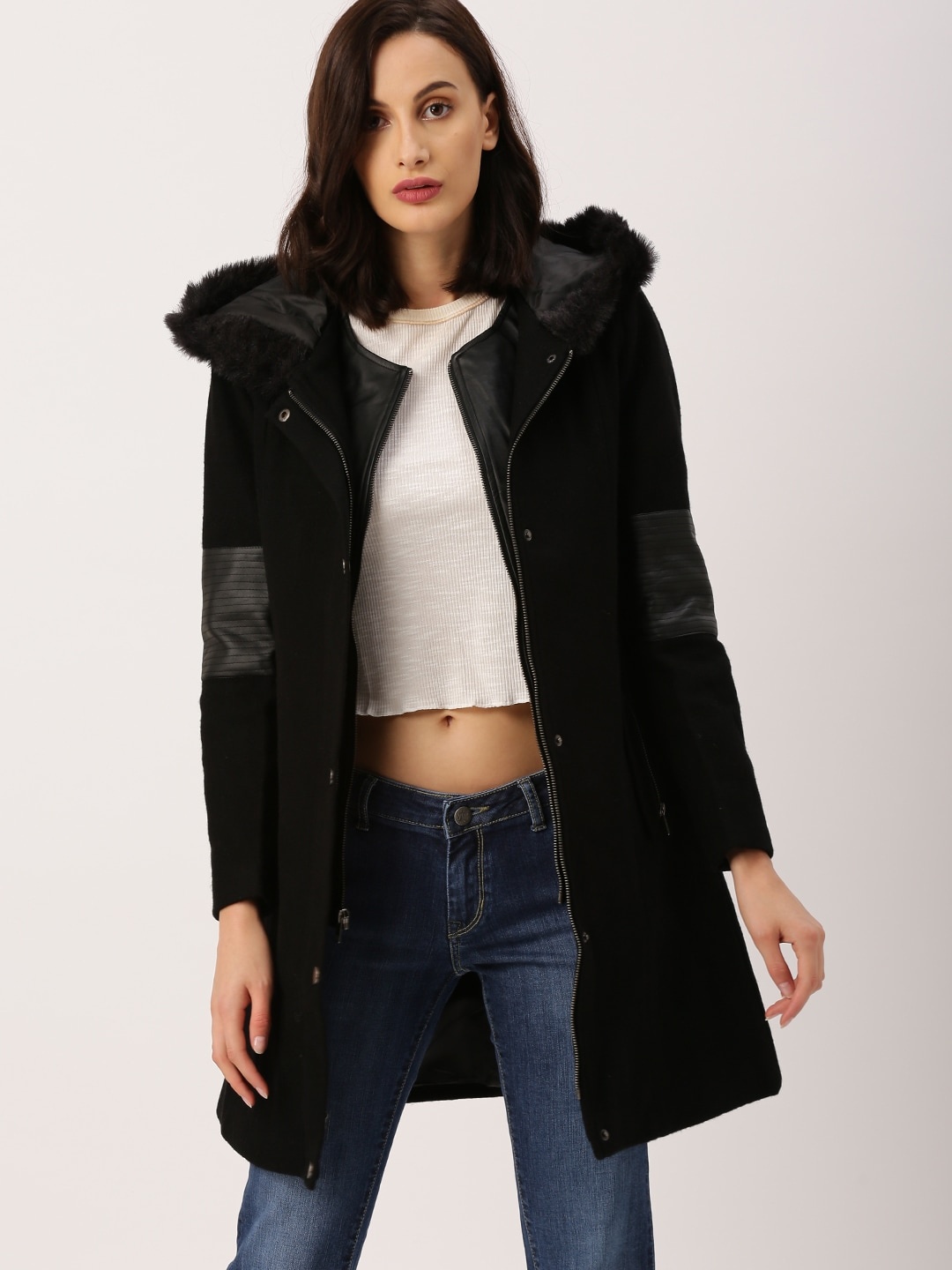 

all about you Women Black Solid Longline Hooded Parka Coat
