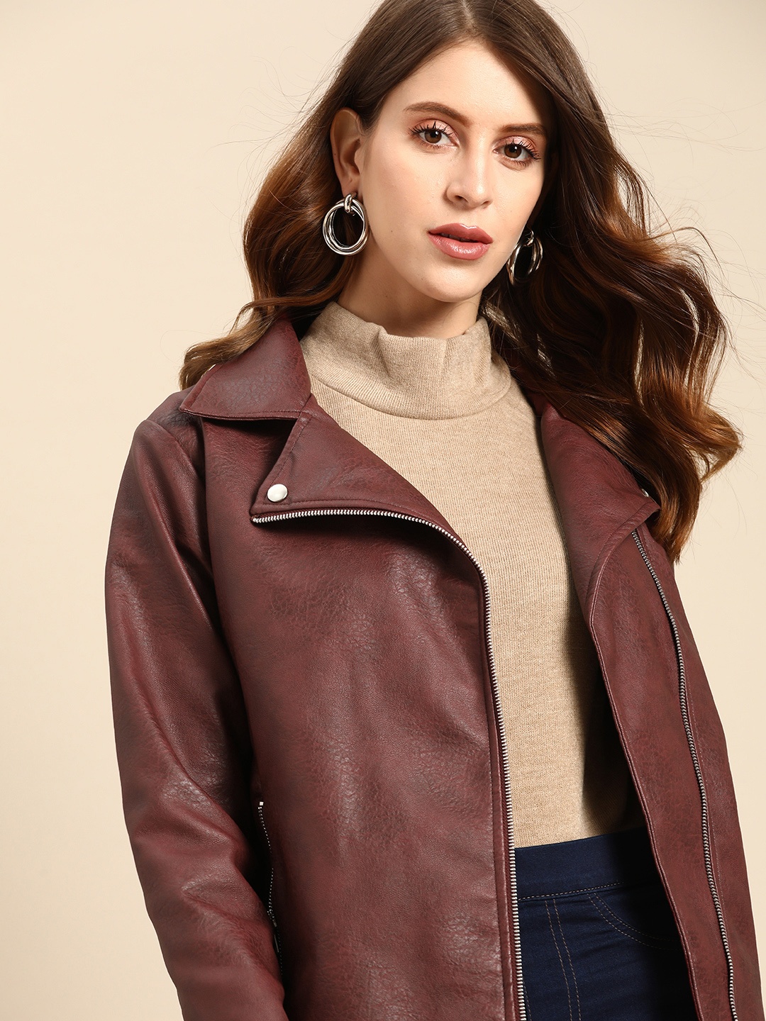 

all about you Women Deep Burgundy Solid Biker Jacket