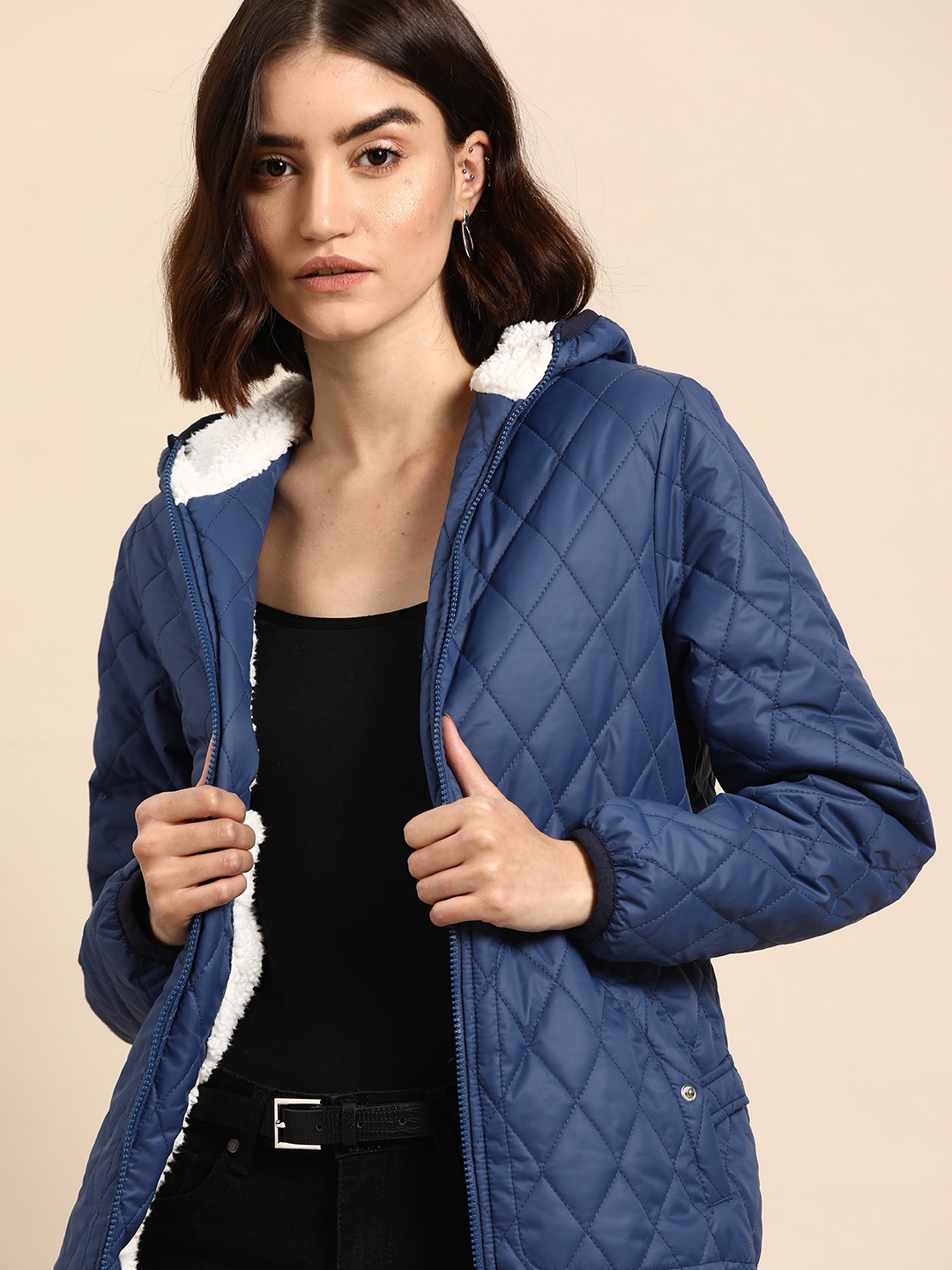 

all about you Women Blue Solid Quilted Jacket