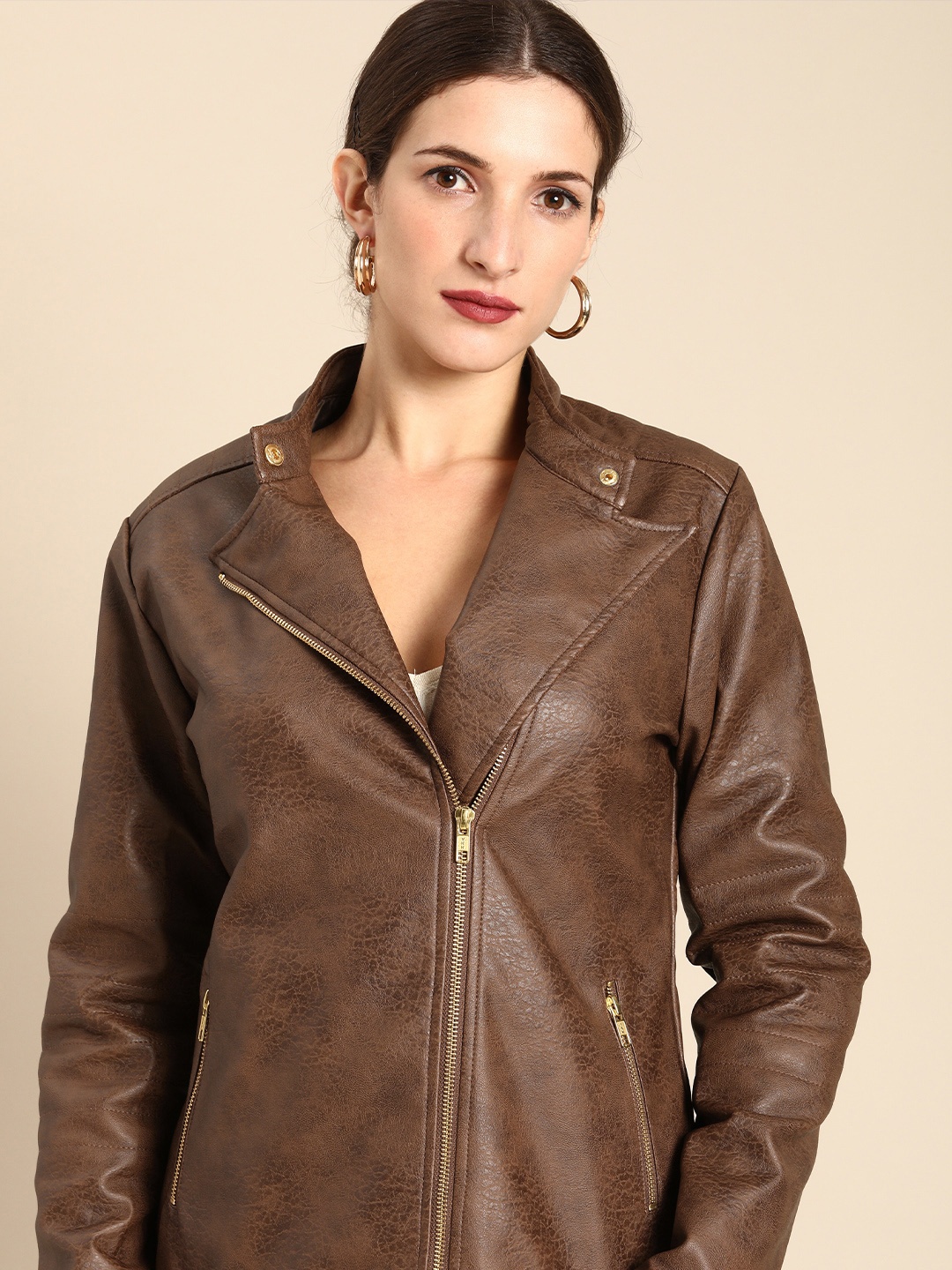 

all about you Women Brown Solid Lapel Collar Biker Jacket