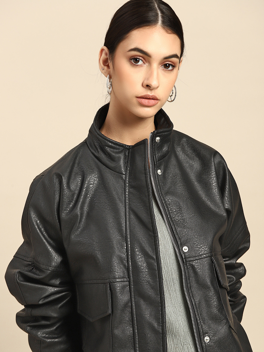 

all about you Women Black Solid Leather Jacket