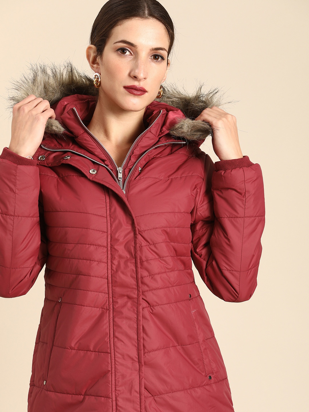 

all about you Women Red Faux Fur Trim Parka Jacket