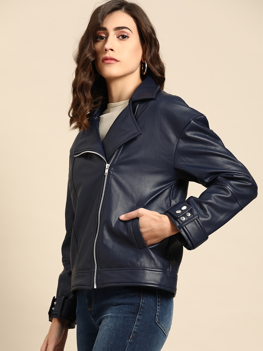 

all about you Women Navy Blue Solid Biker Jacket