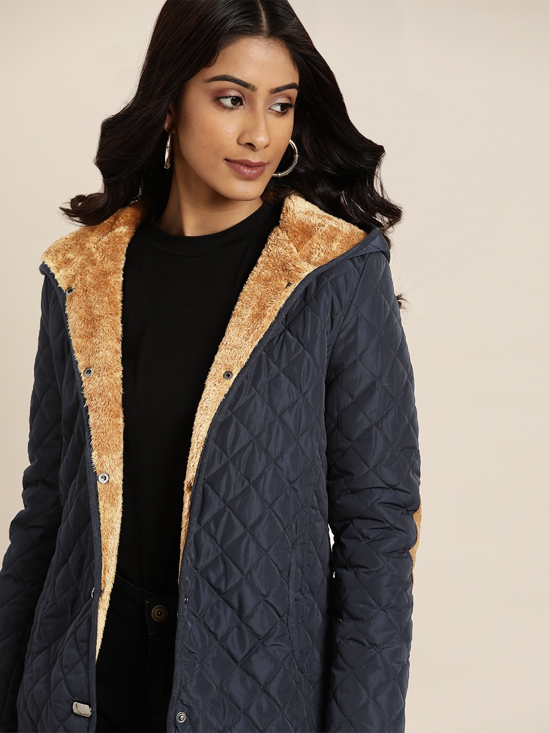 

all about you Women Navy Blue Quilted Jacket with Patchwork