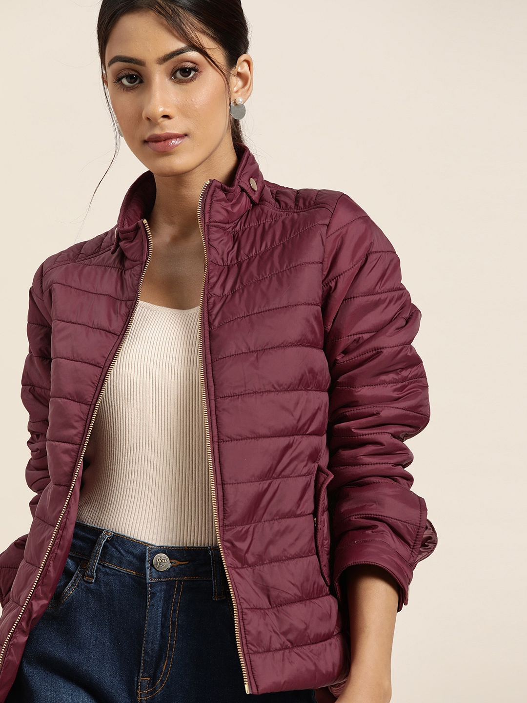 

all about you Women Burgundy Solid Padded Jacket