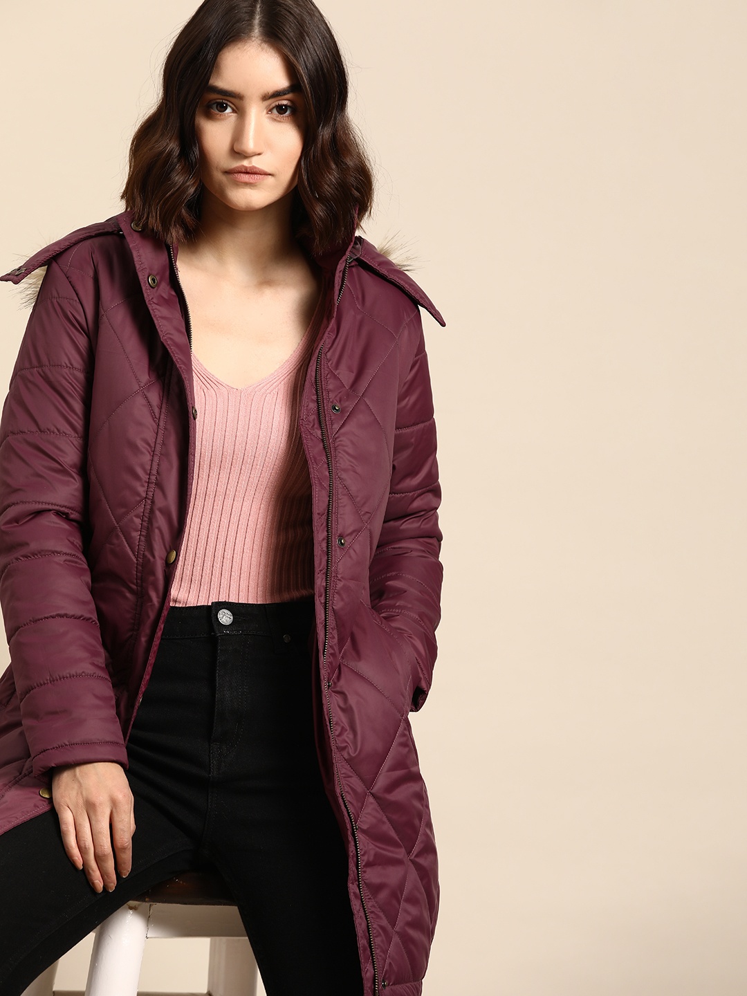 

all about you Women Burgundy Solid Longline Detachable Hood Parka Jacket With Belt