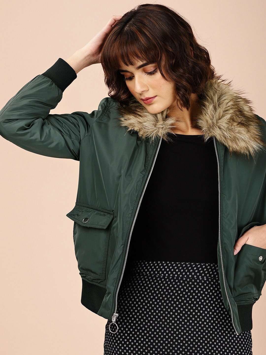 

all about you Women Green Solid Bomber Jacket
