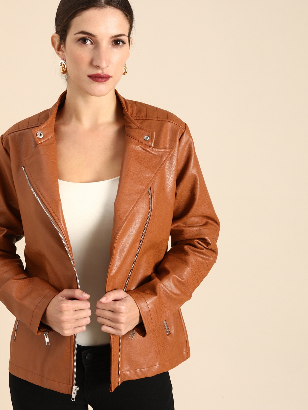 

all about you Women Rust Brown Textured Biker Jacket