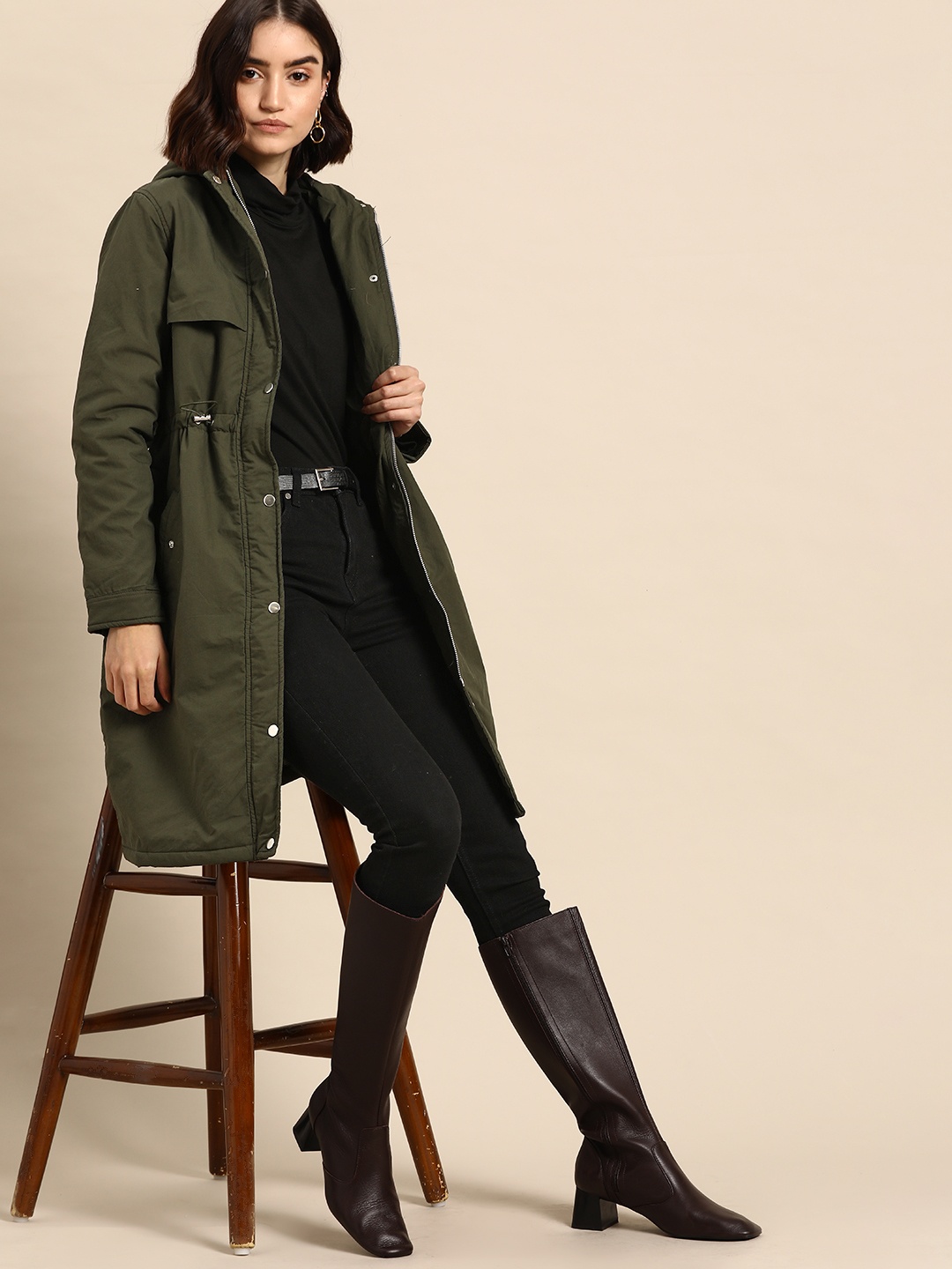 

all about you Women Olive Green Cotton Solid Longline Tailored Jacket