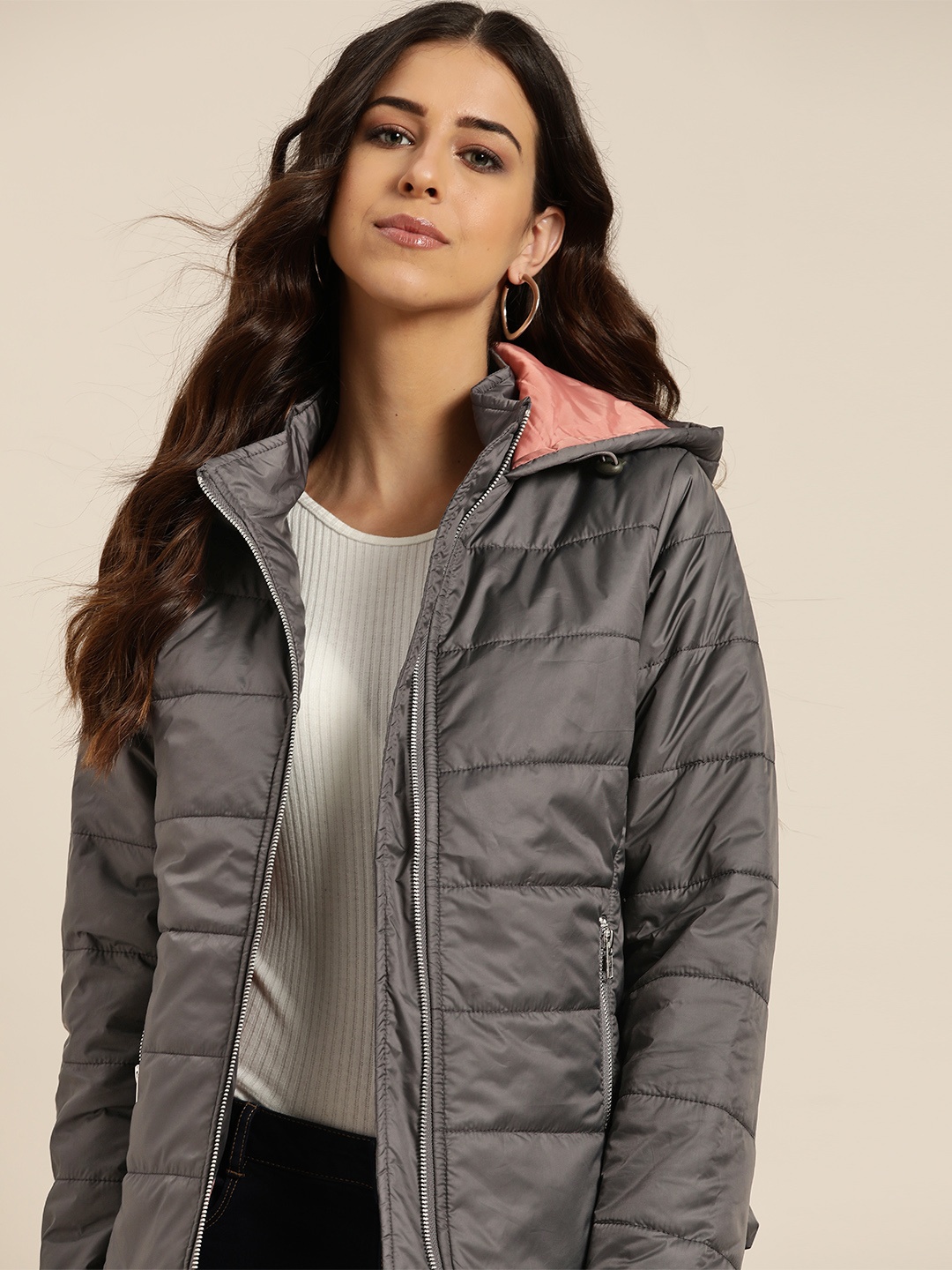 

all about you Women Charcoal Grey Solid Hooded Padded Jacket