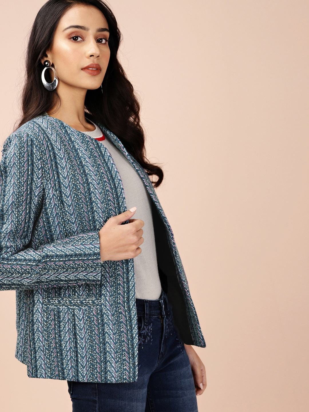 

all about you Women Navy Blue & Off White Woven Striped Tailored Jacket