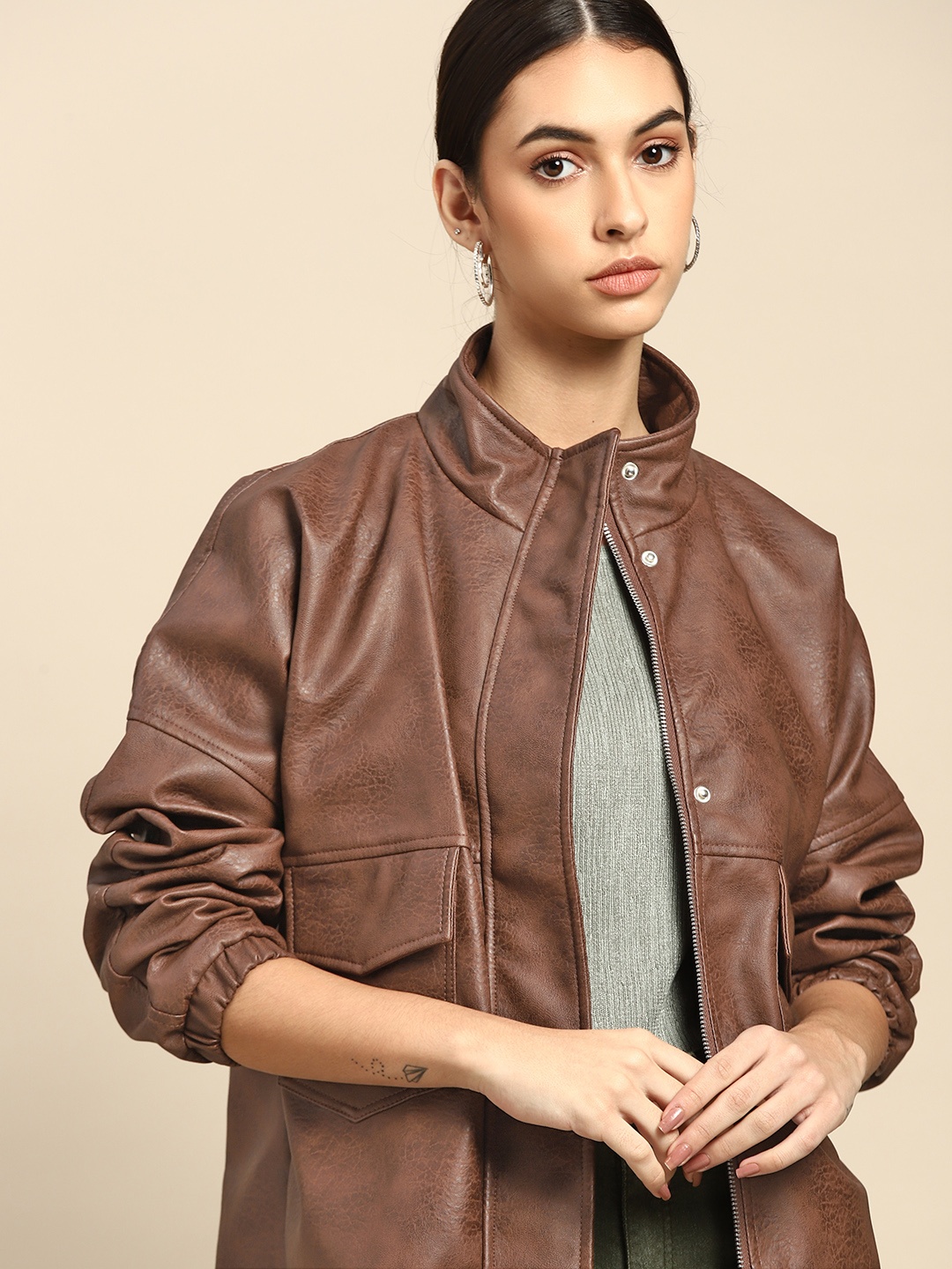 

all about you Women Brown Solid Leather Jacket