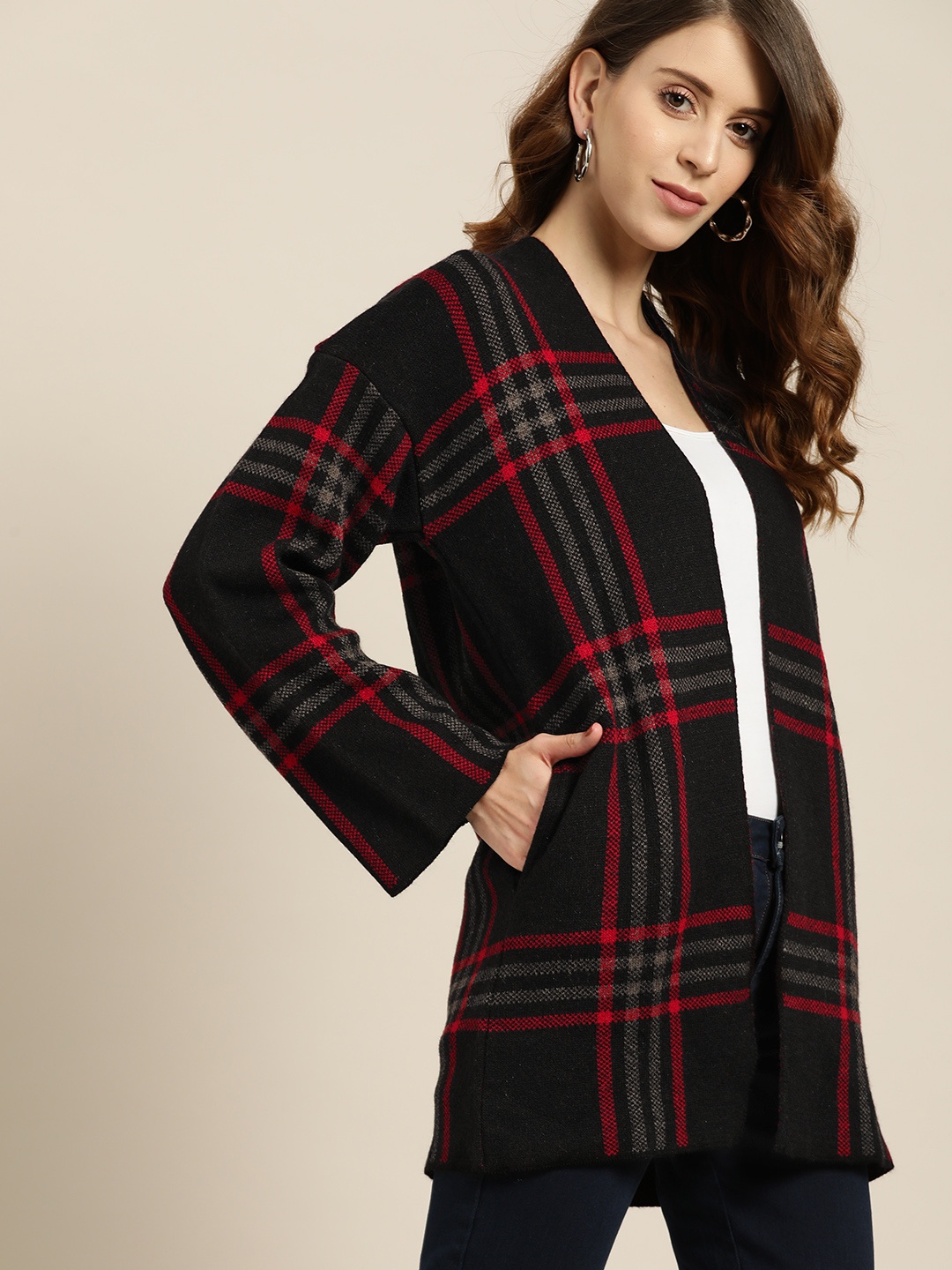 

all about you Women Black & Red Acrylic Longline Checked Shrug