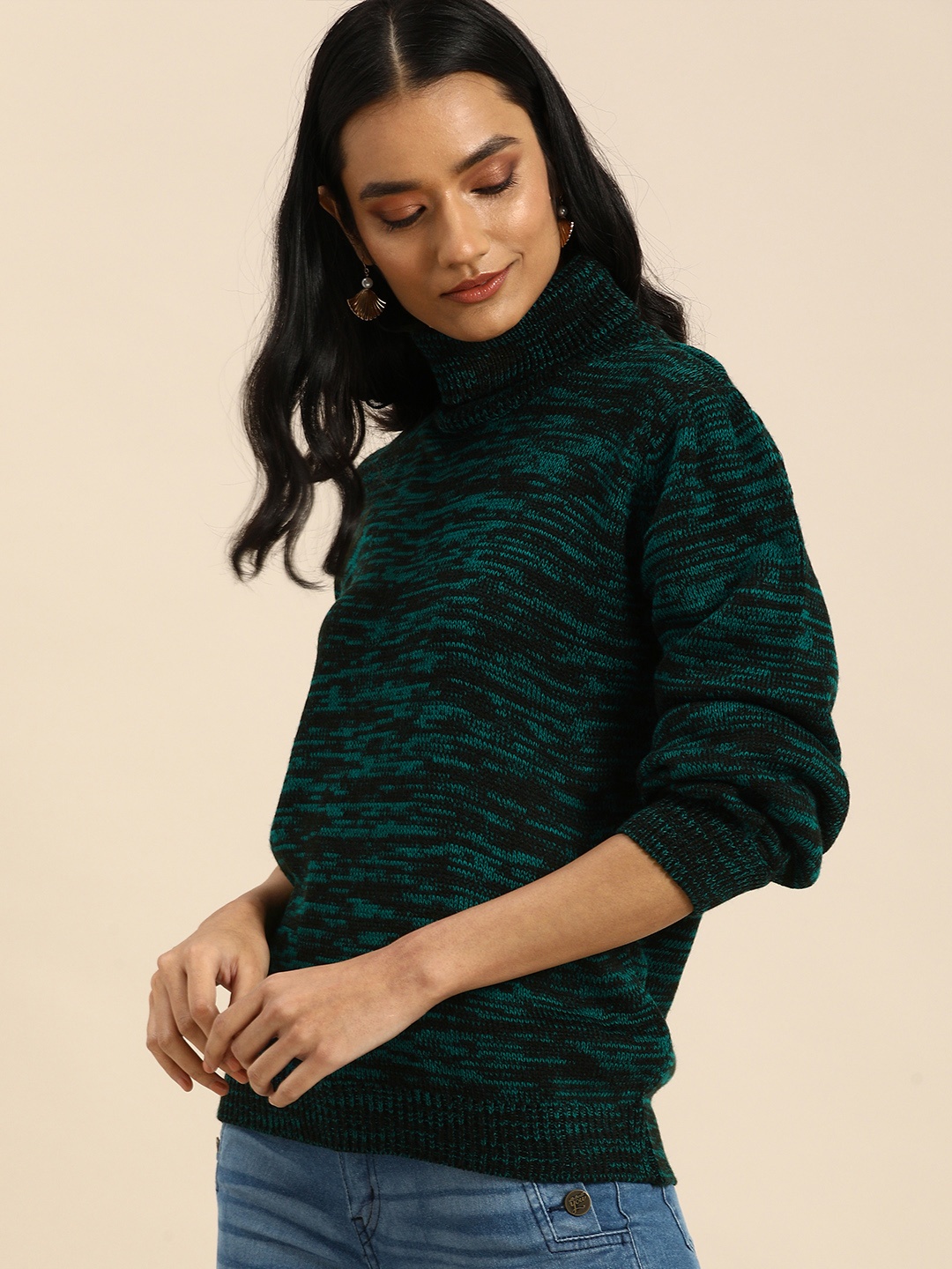 

all about you Women Black & Teal Green Self Design Pullover