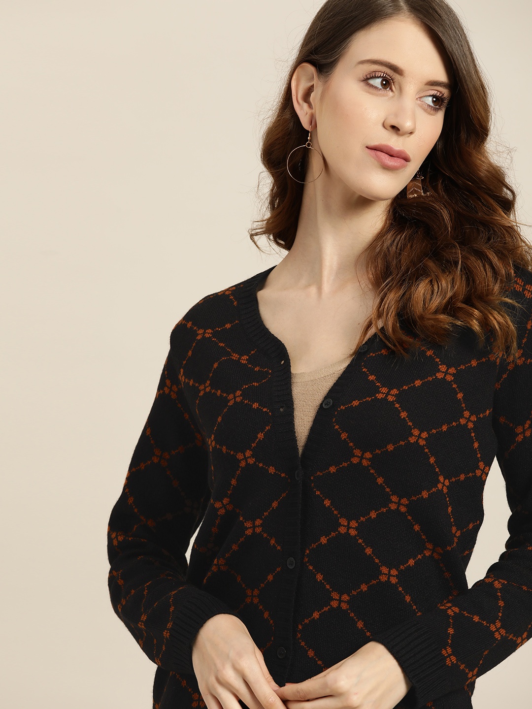 

all about you Women Black & Rust Brown Checked Cardigan
