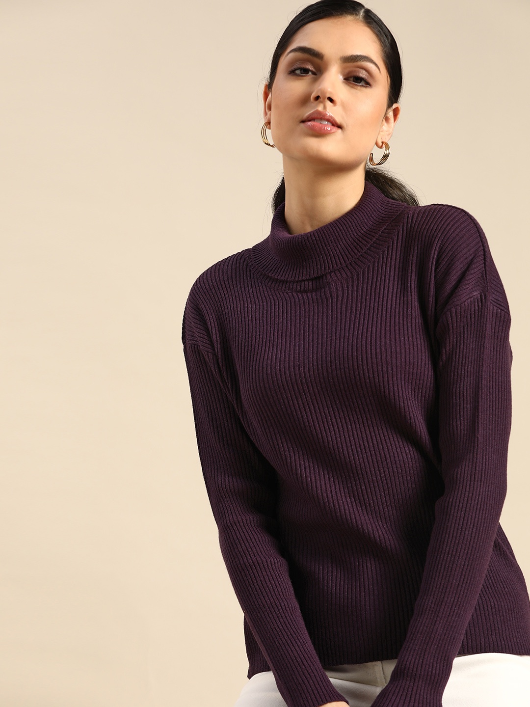 

all about you Women Purple Ribbed Turtle Neck Pullover