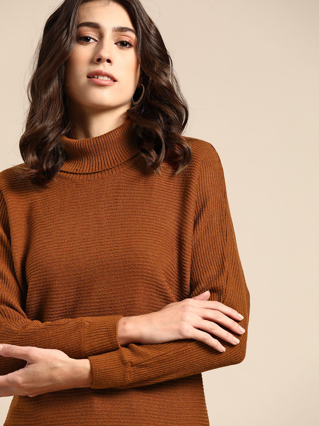 

all about you Women Brown Self Striped Turtle Neck Pullover
