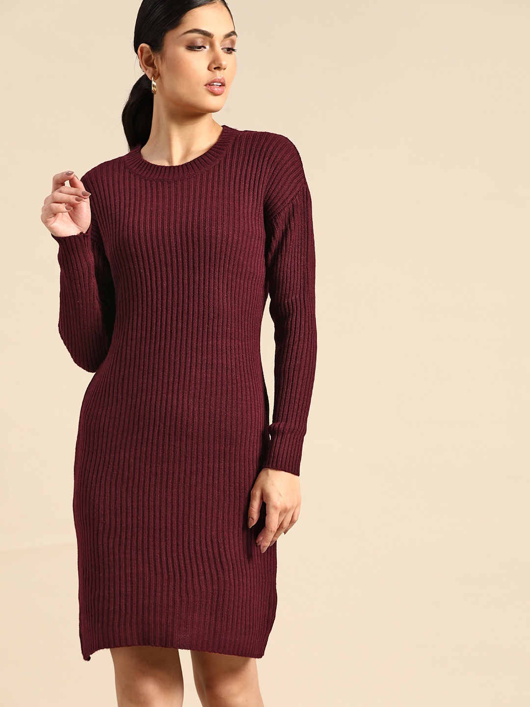 

all about you Women Burgundy Ribbed Jumper Dress