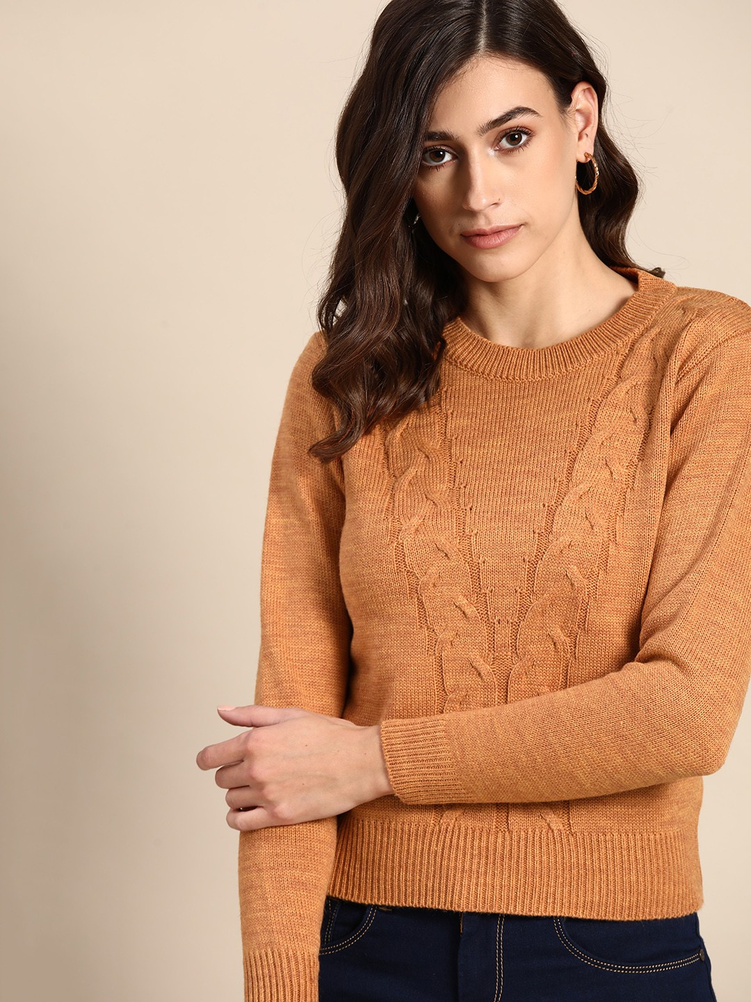 

all about you Women Peach-Coloured Cable Knit Pullover