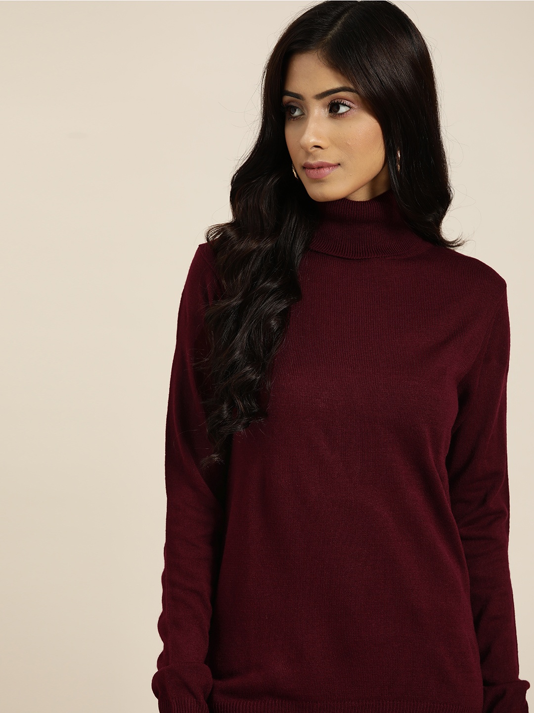 

all about you Women Burgundy Solid Turtle Neck Pullover Sweater