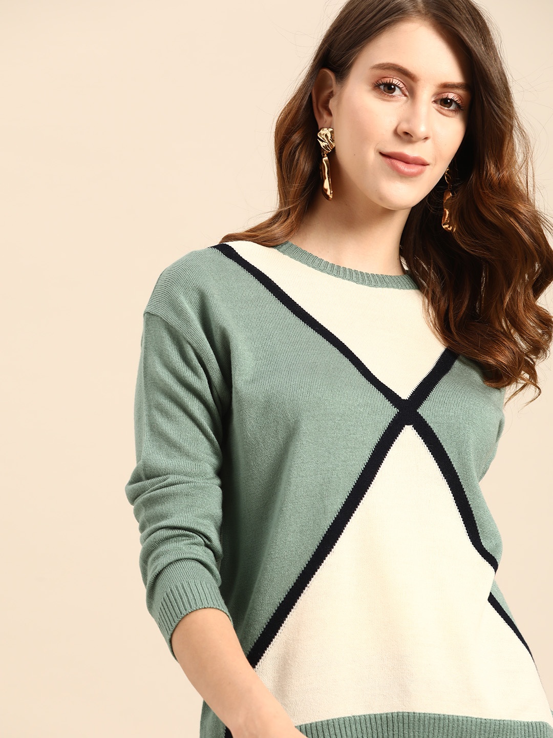 

all about you Women Green & White Colourblocked Pullover