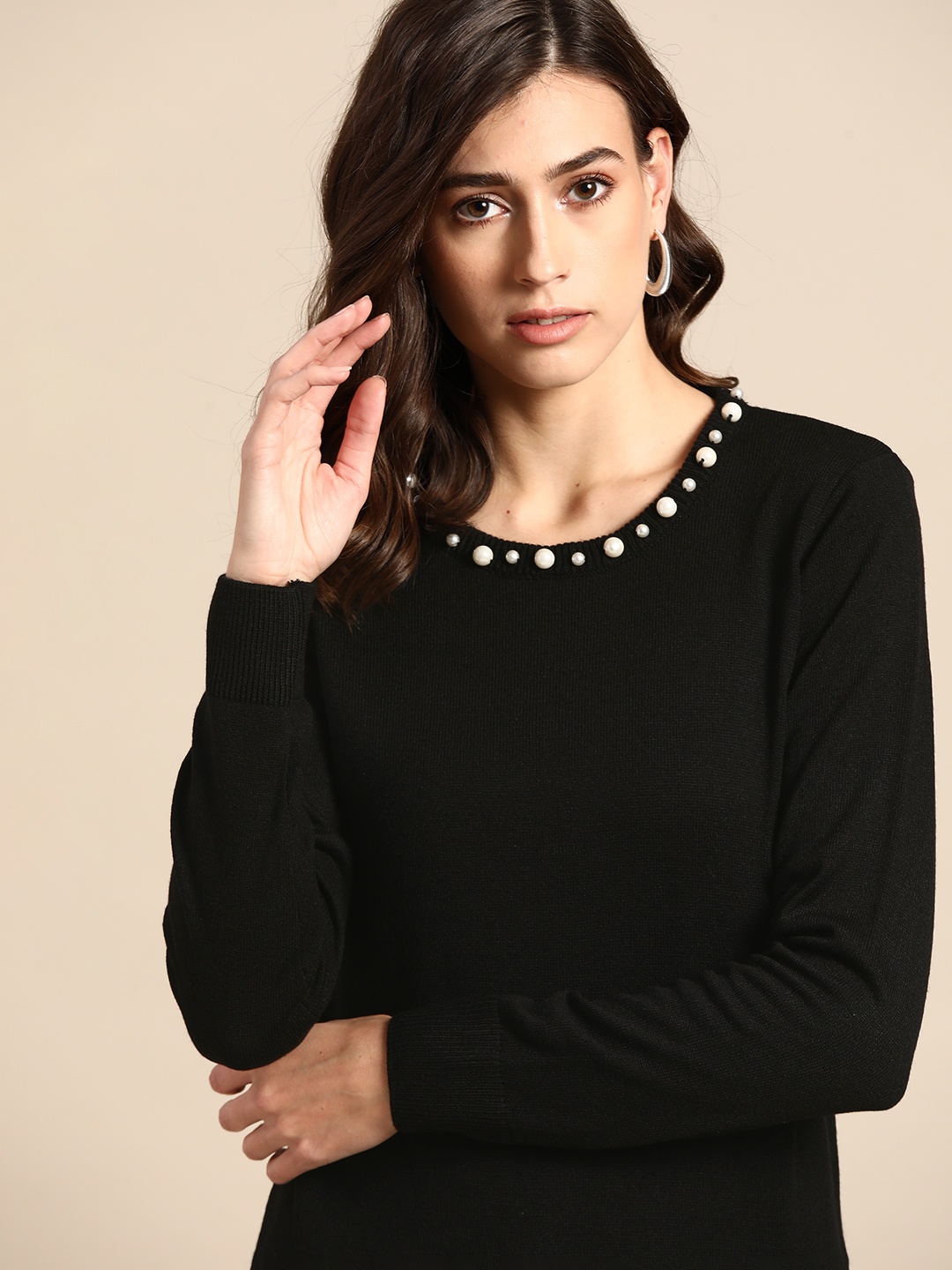 

all about you Women Black Solid Pullover with Embellished Detail