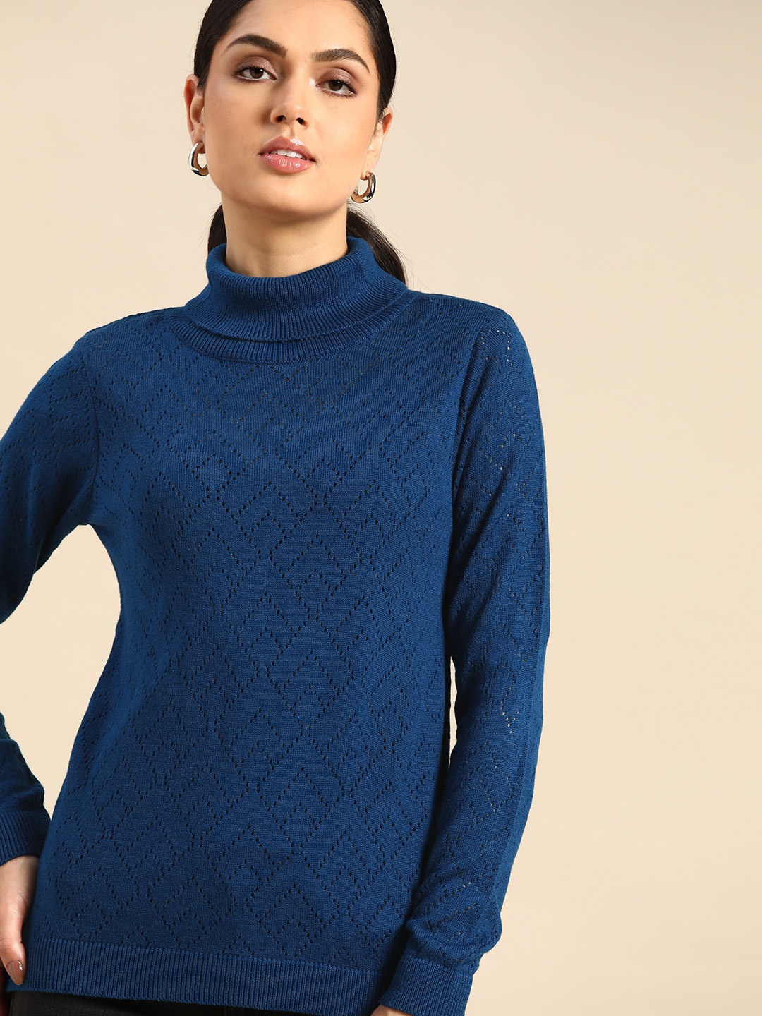 

all about you Women Teal Blue Open Knit Turtle Neck Pullover