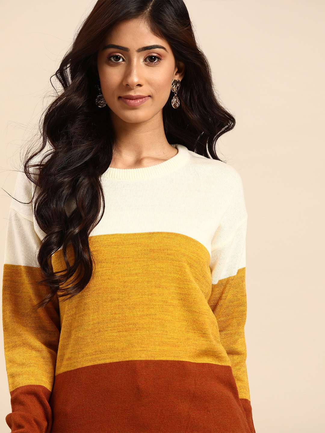 

all about you Women Off White & Yellow Colourblocked Pullover