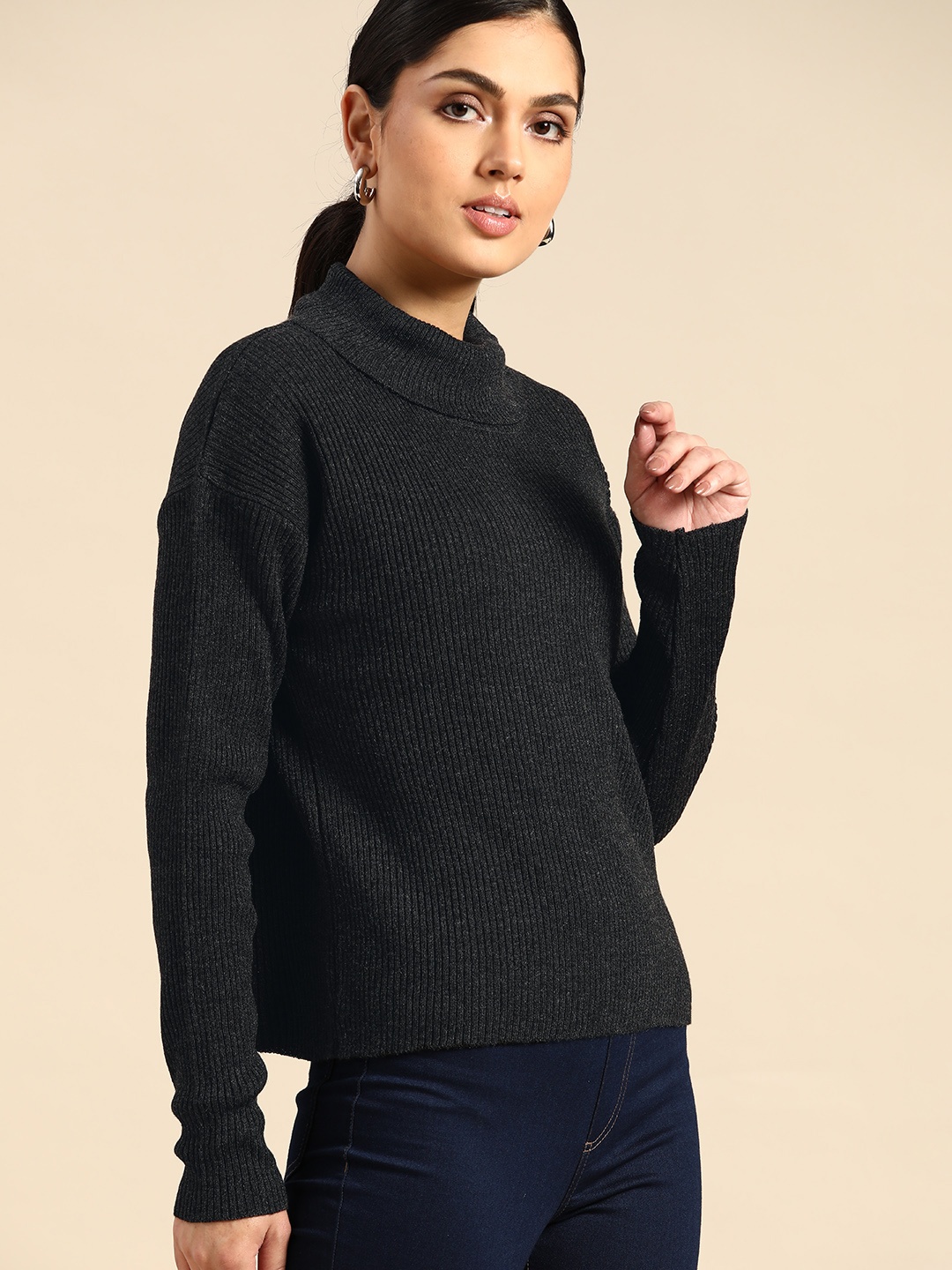 

all about you Women Charcoal Grey Ribbed Pullover