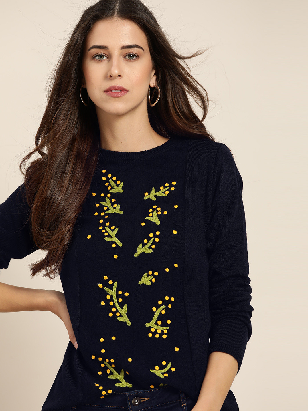 

all about you Women Navy Blue & Yellow Floral Embroidered Pullover