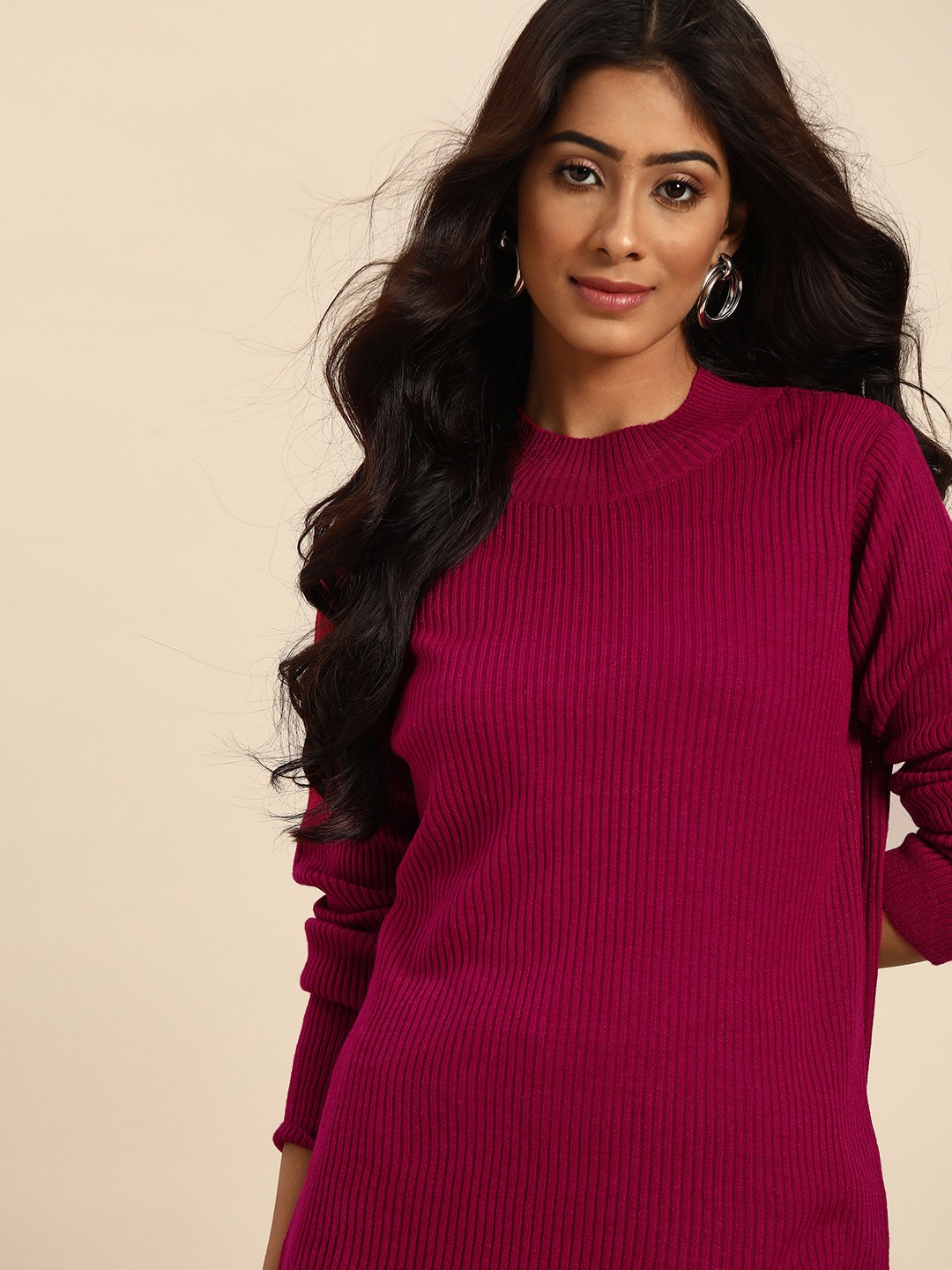 

all about you Women Magenta Ribbed Pullover Sweater