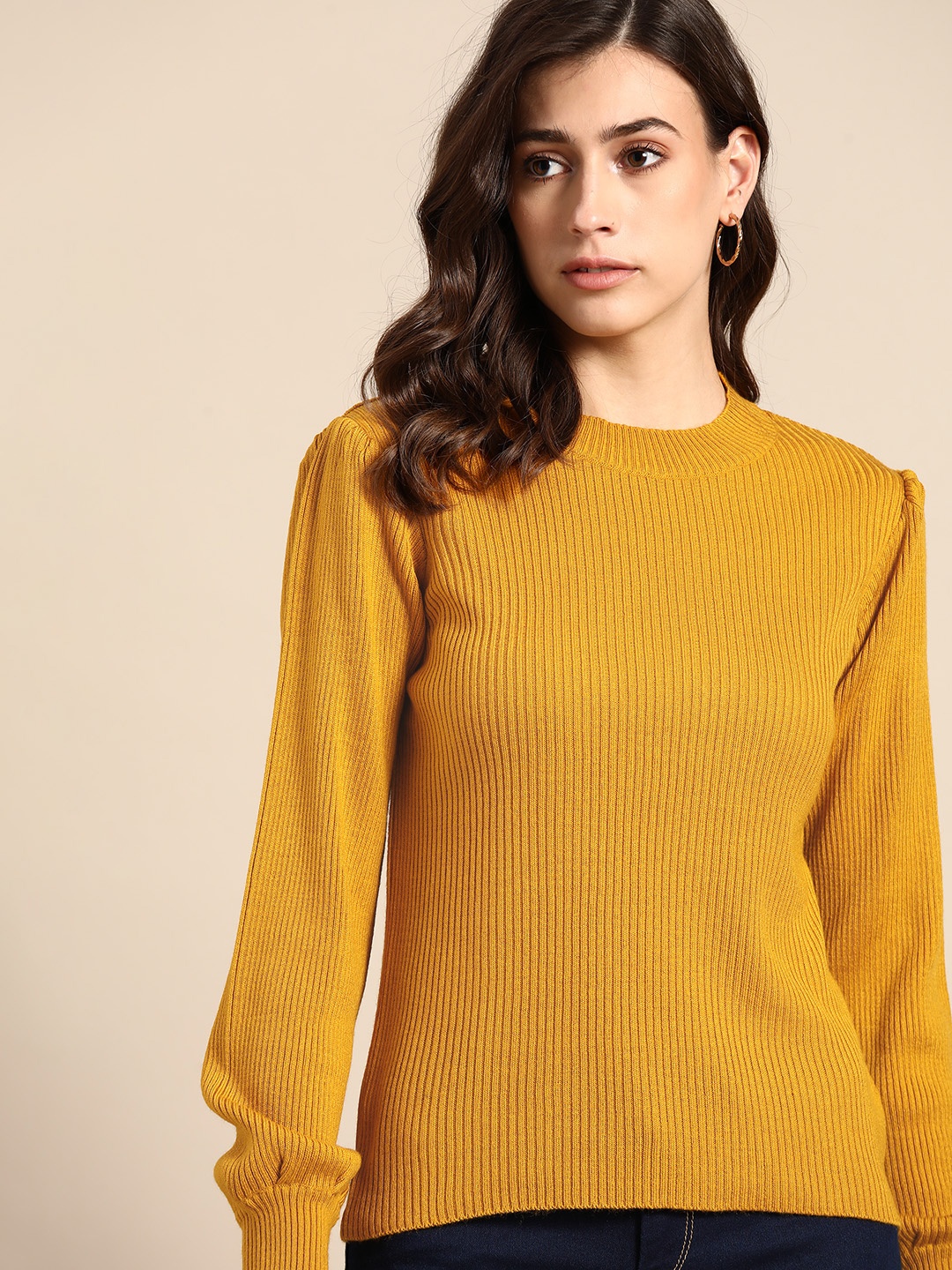 

all about you Women Mustard Ribbed Puff Sleeves Pullover