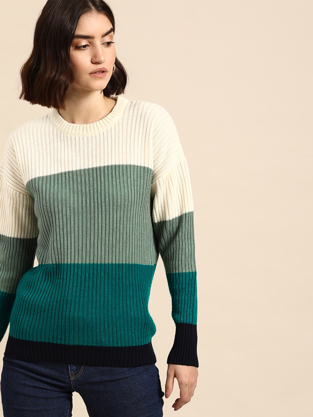 

all about you Women Off White & Green Colourblocked Pullover