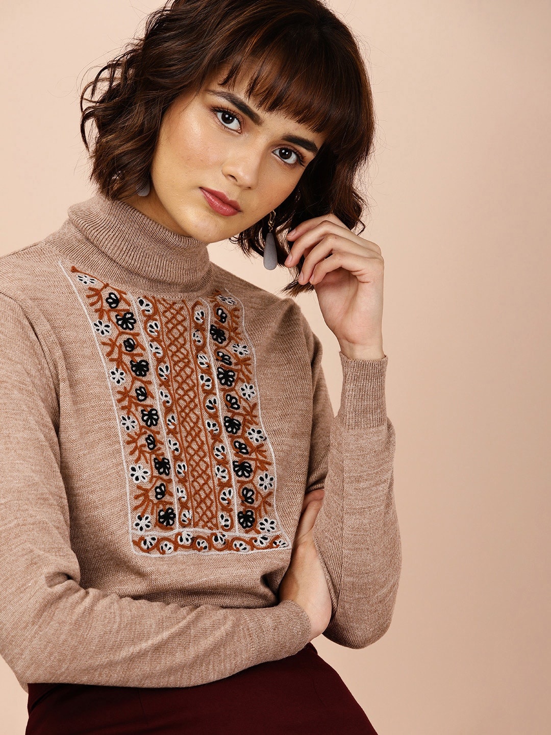 

all about you Women Brown Turtle Neck Thread Work Pullover