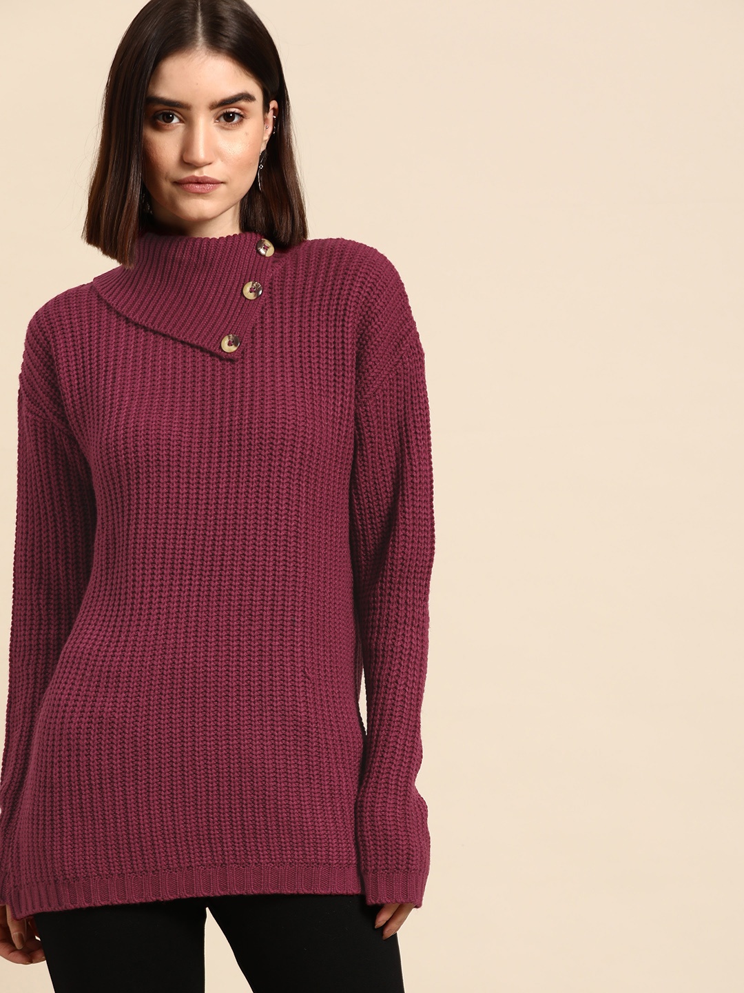 

all about you Women Magenta Solid Cable Knit Pullover