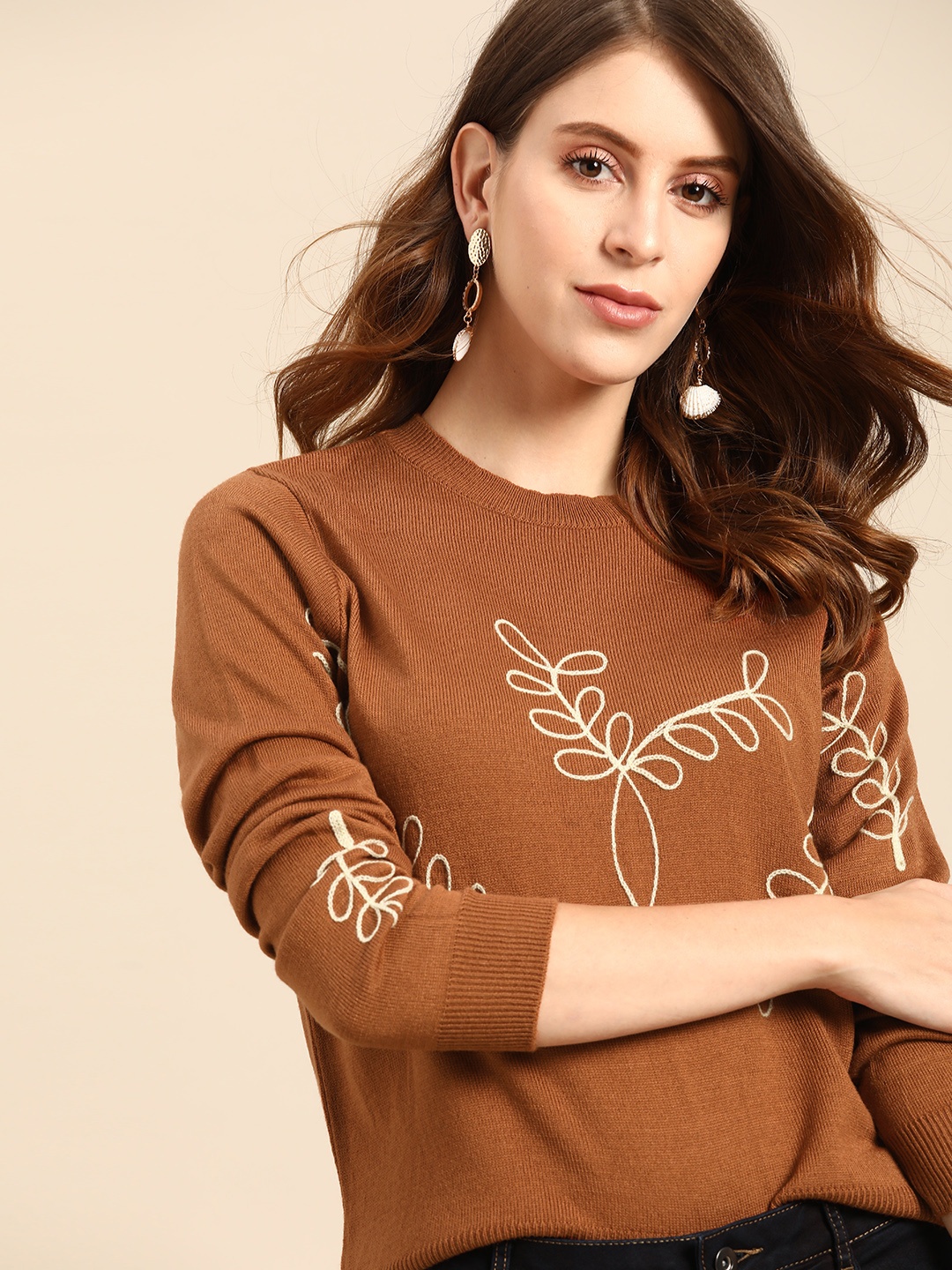 

all about you Women Brown Embroidered Pullover