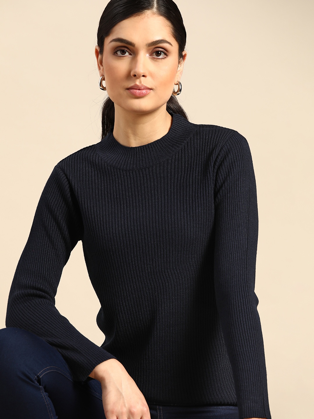 

all about you Women Navy Blue Ribbed Pullover