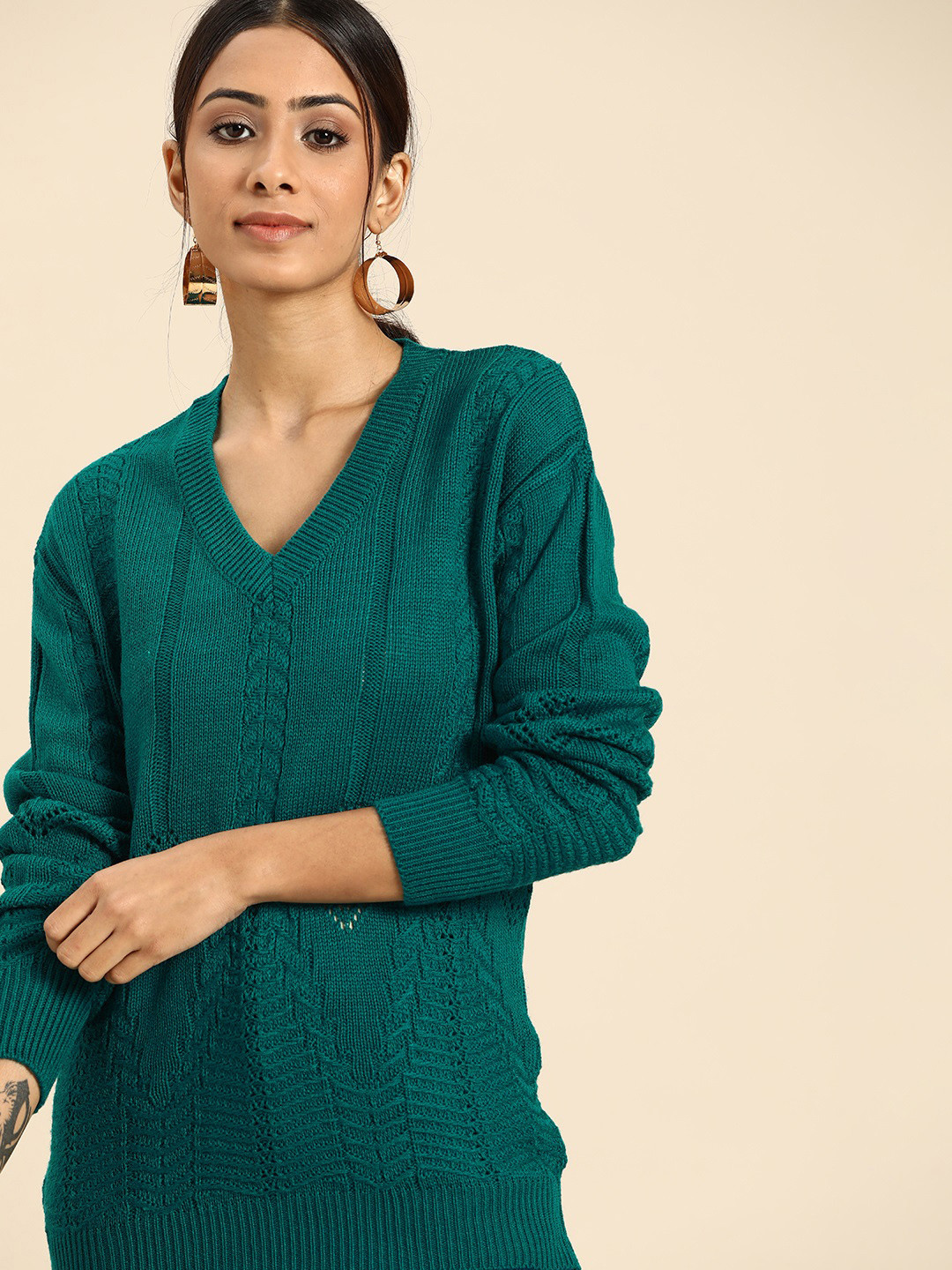 

all about you Women Green Open Knit Woven Pullover