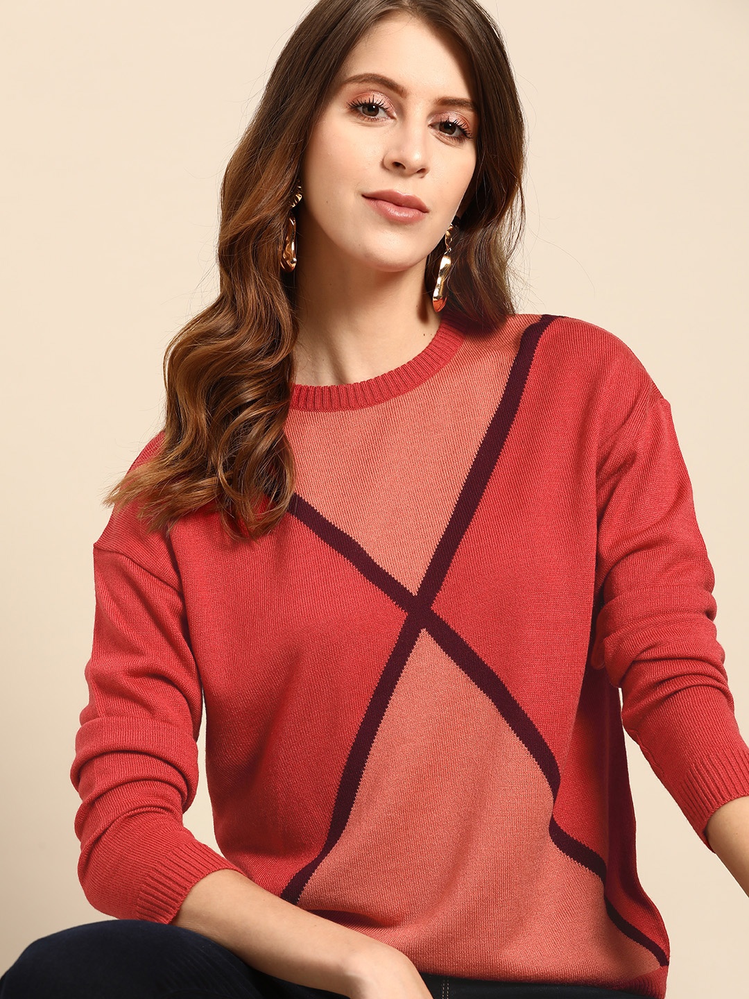 

all about you Women Coral Pink & Peach-Coloured Colourblocked Pullover