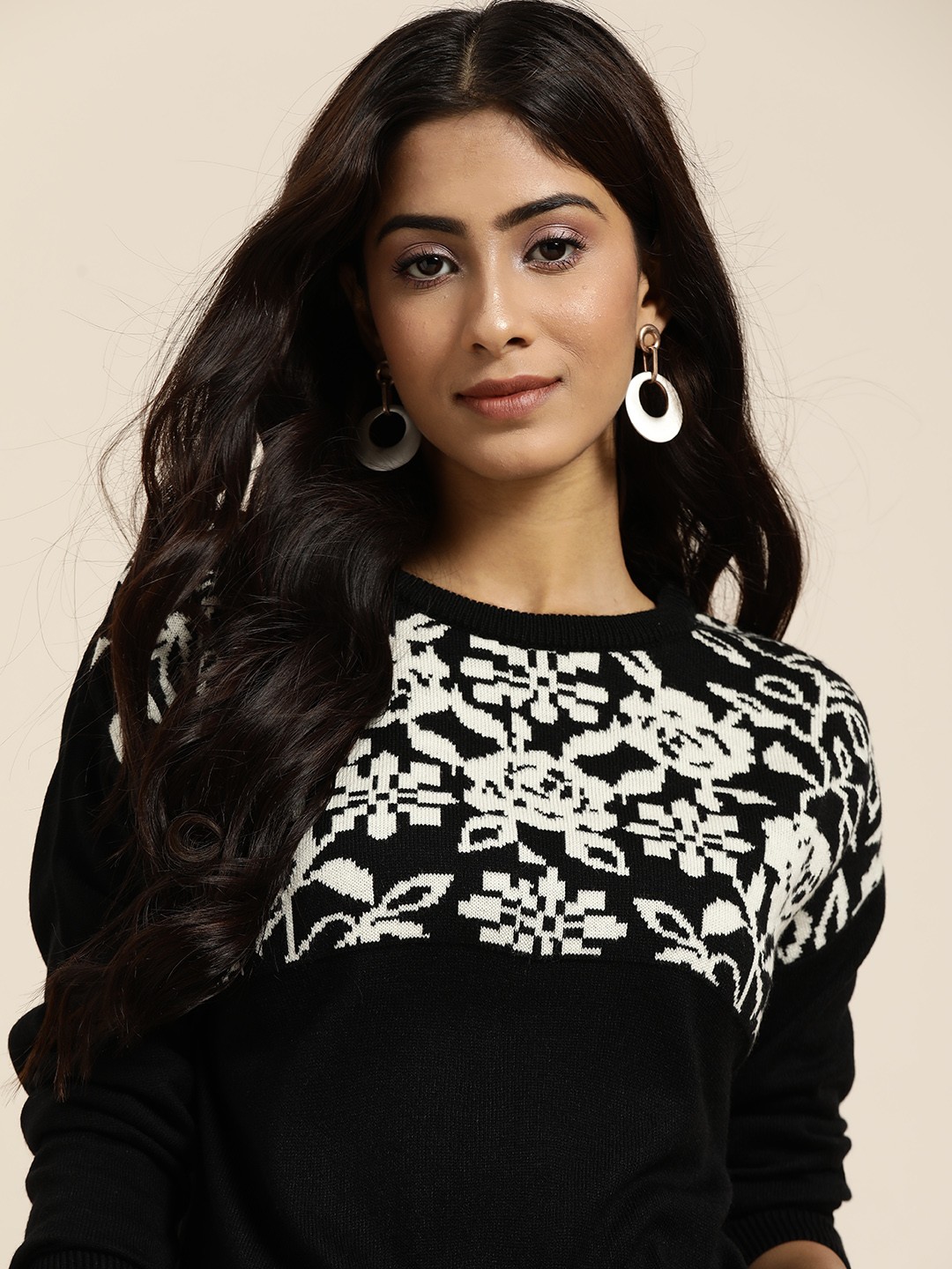 

all about you Women Black & Off White Ethnic Motifs Woven Design Pullover