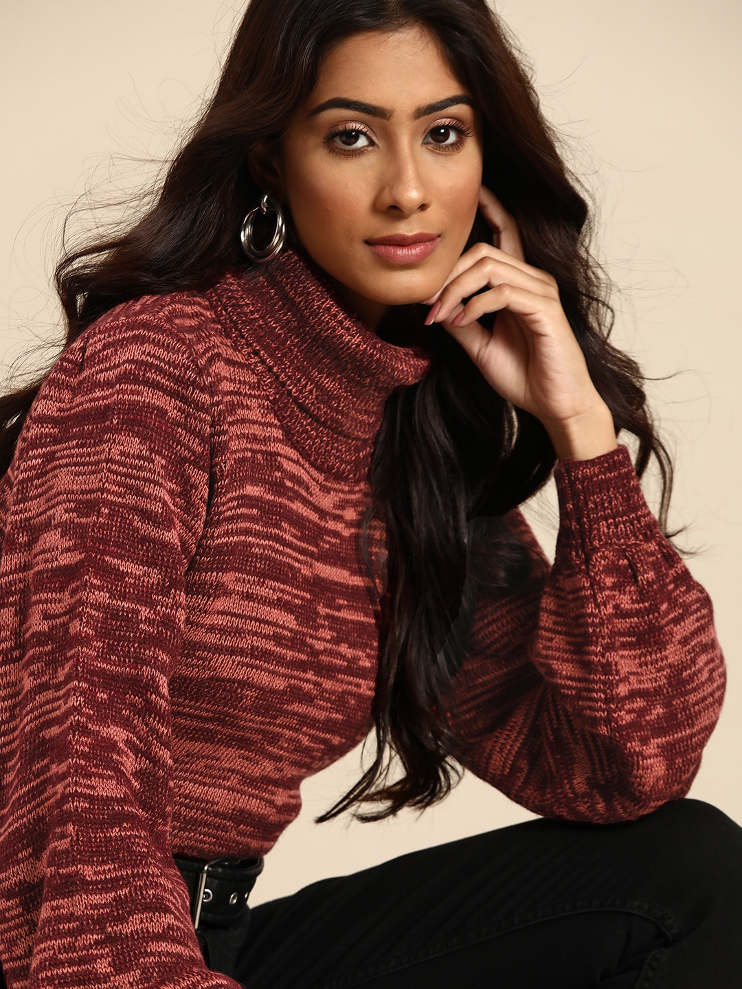 

all about you Women Maroon & Peach-Coloured Abstract Self-Design Pullover Sweater
