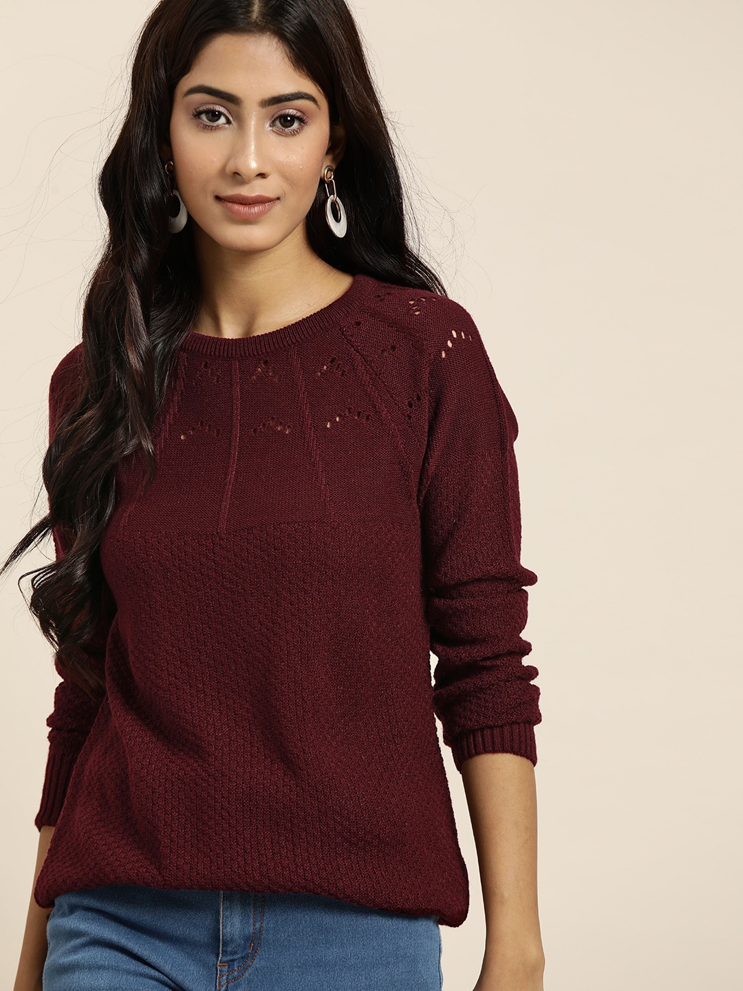 

all about you Women Maroon Open Knit Pullover