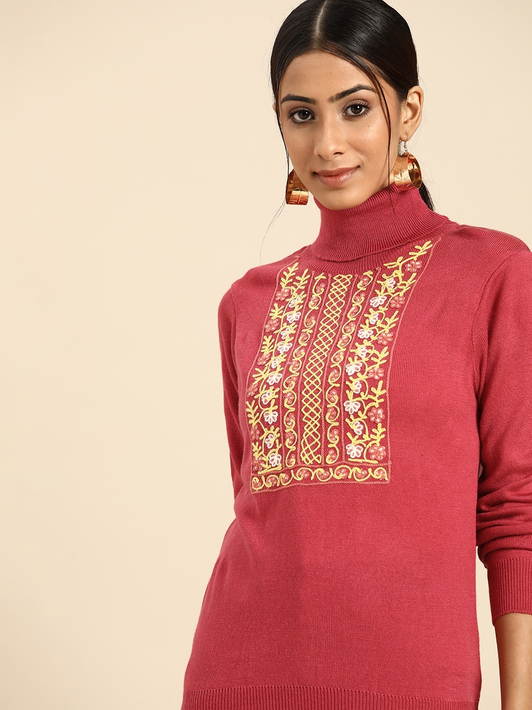 

all about you Women Pink & Yellow Thread Work Pullover