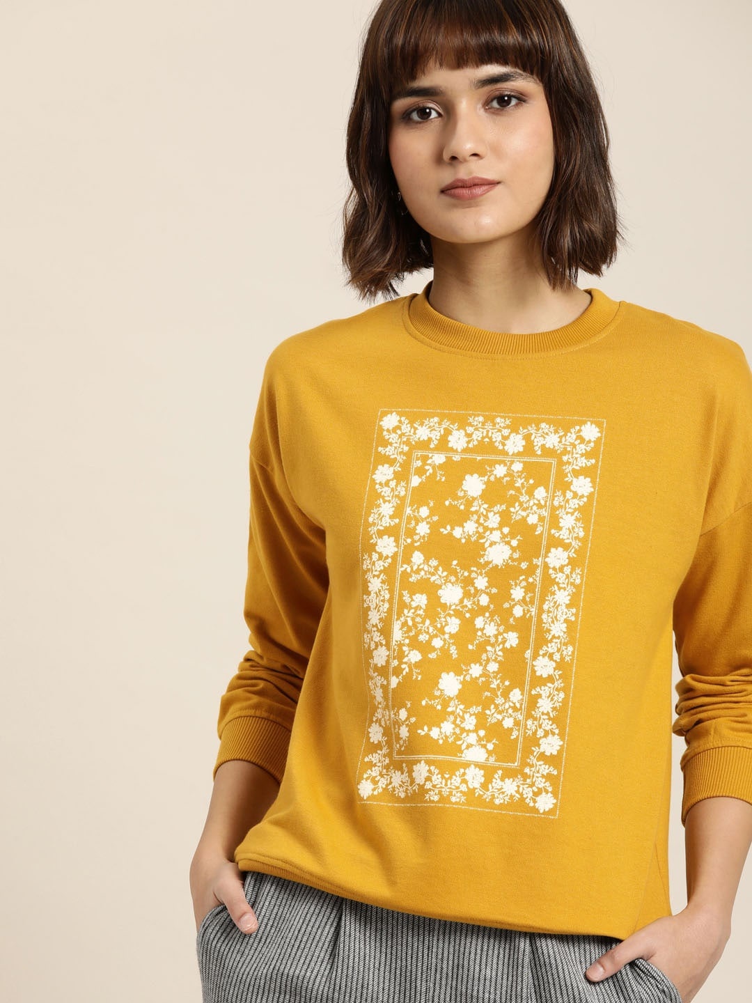 

all about you Women Mustard Yellow Printed Sweatshirt