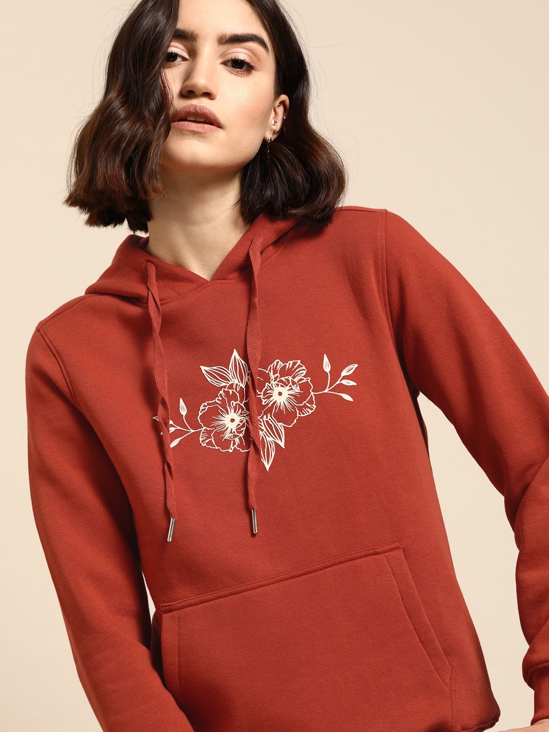 

all about you Women Rust Orange & Off-White Printed Hooded Sweatshirt
