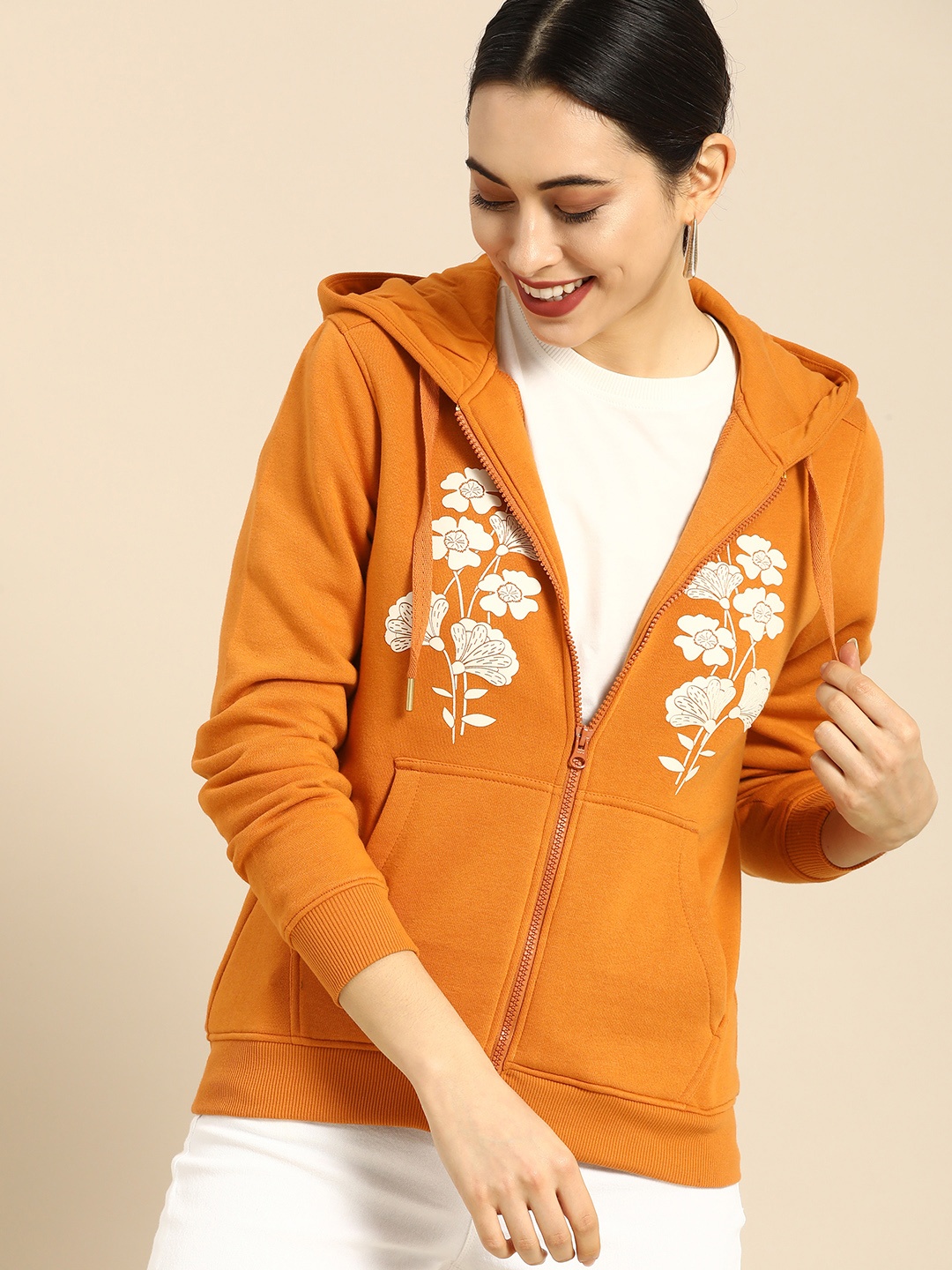 

all about you Women Orange & White Floral Print Hooded Sweatshirt