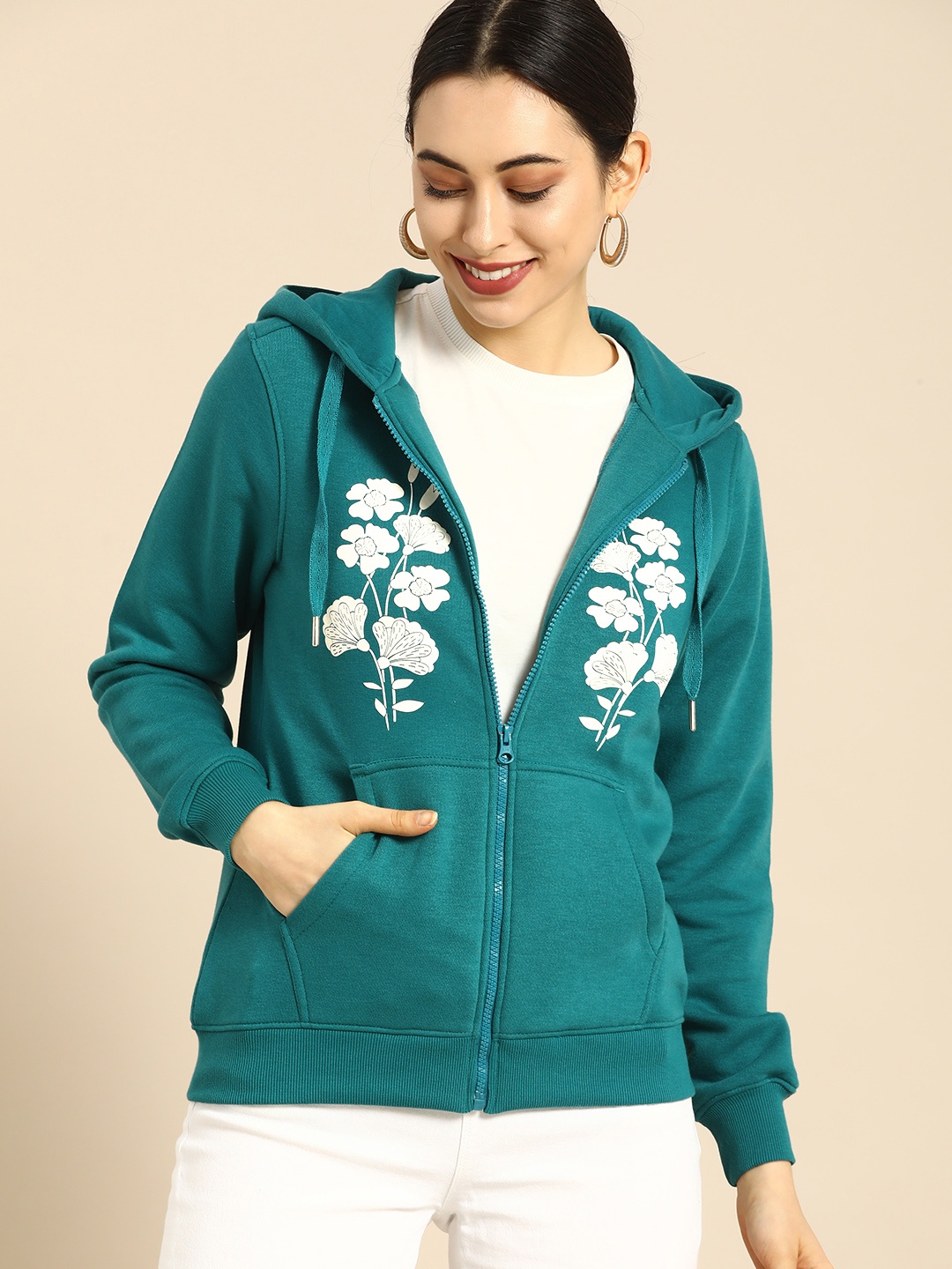

all about you Women Teal & White Floral Printed Hooded Sweatshirt
