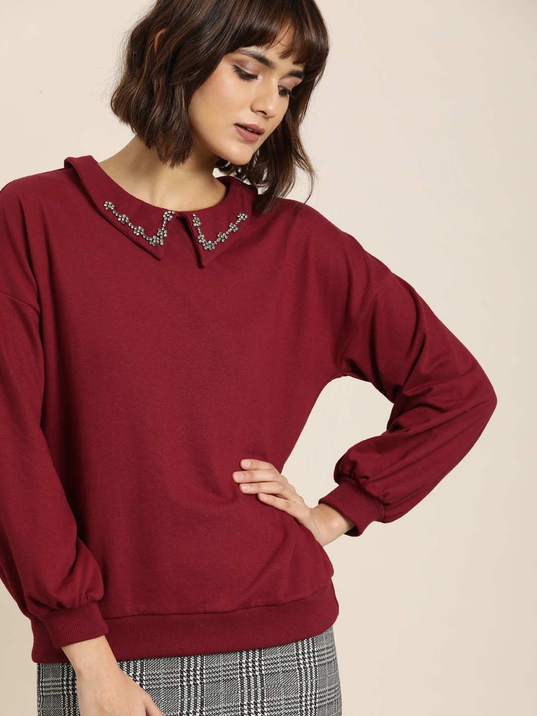 

all about you Women Maroon Embellished Peter Pan Collar Sweatshirt