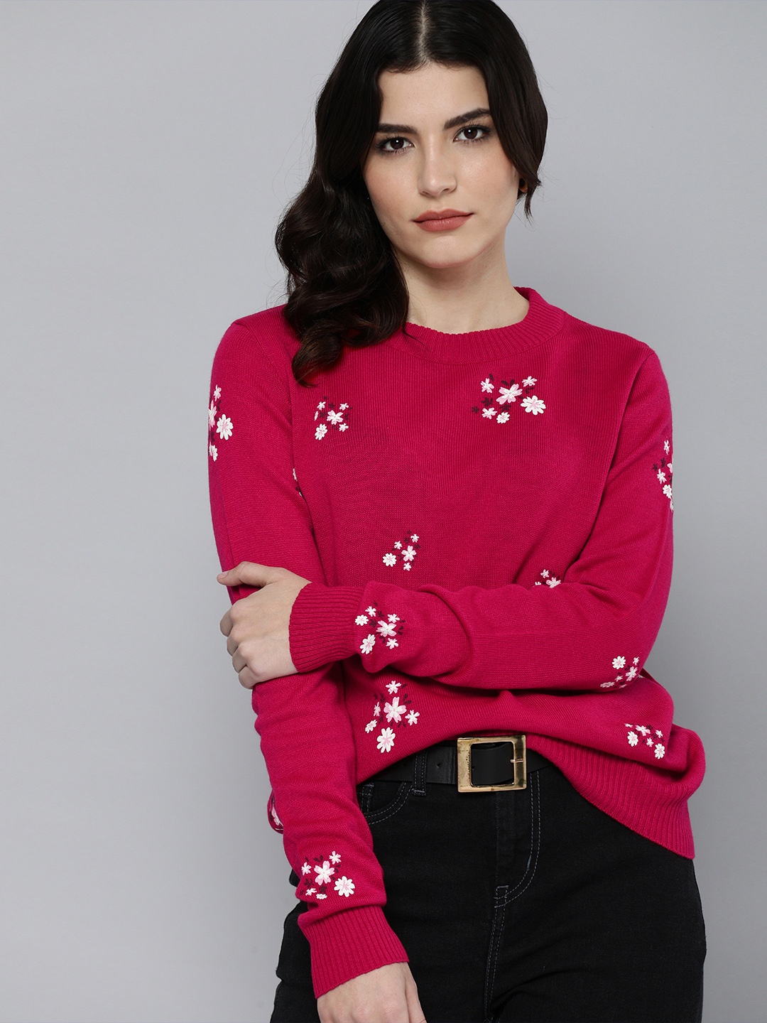 

Chemistry Women Pink & White Floral Printed Round Neck Pullover