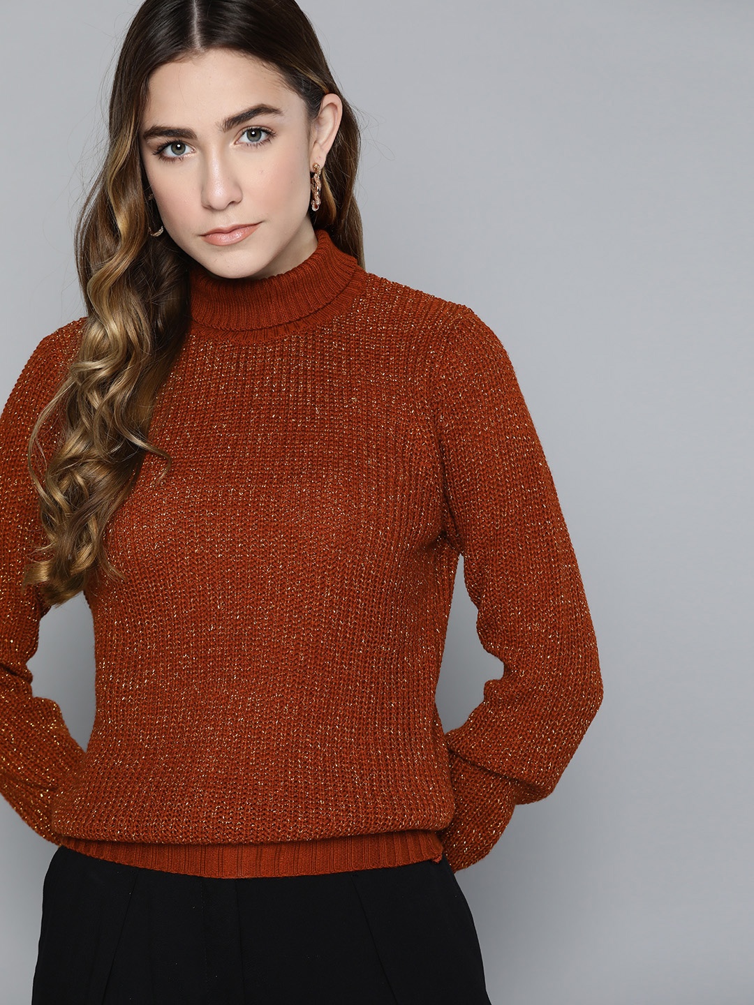 

Chemistry Women Rust Orange & Golden Lurex Pullover